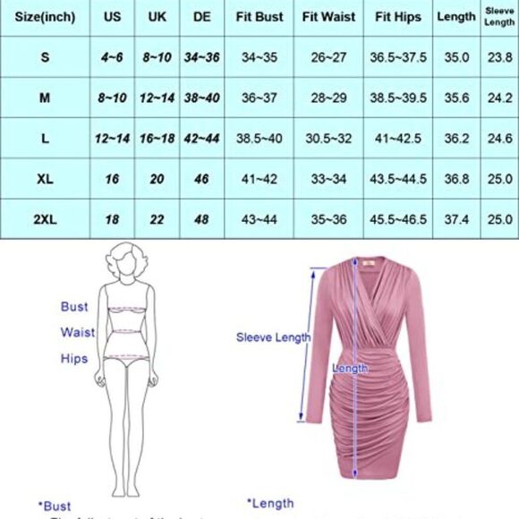 GRACE KARIN Women's Retro Long Sleeve Ruched Wrap Party Pencil Dress - Picture 8 of 8